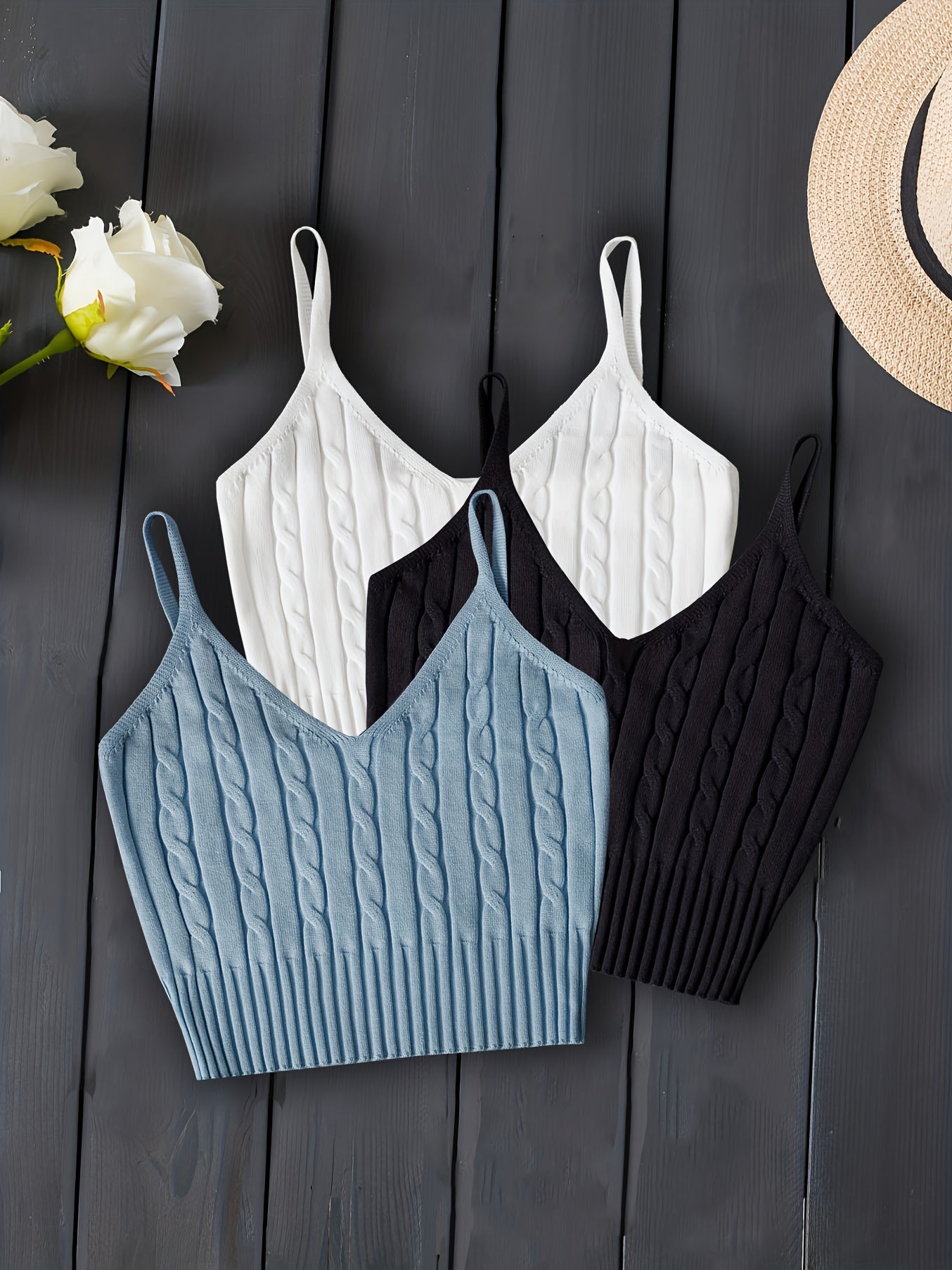 3-Pack Valentines Day Cable Knit Cami Tops - Soft V-Neck, Sleeveless Slim Crop, Adjustable Straps, Versatile Layering Essential - Womens Clothing, Celebrate Love in Style